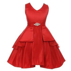 Sleeveless Satin Overlays Brooch Sash V Neck Easter Flowers Girls Dress Red